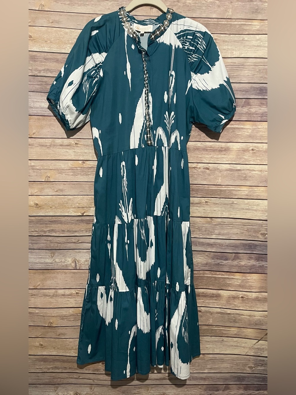 Sheridan French Sz L Teal Blue White Ikat V-Neck Puff Sleeve Midi /Maxi Dress